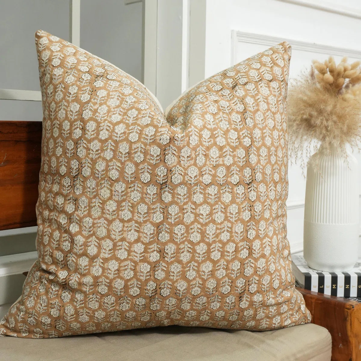 Tulsi Buti Block Print Cushion Cover Chocolate Brown Linen | Indian Handcrafted