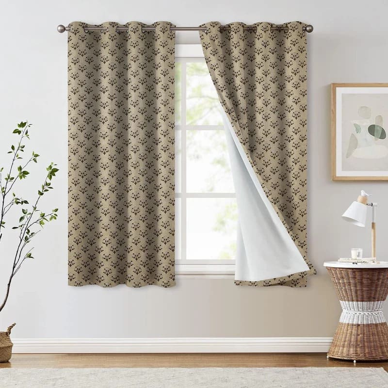 Block printed linen curtains and roman shades in a dining room