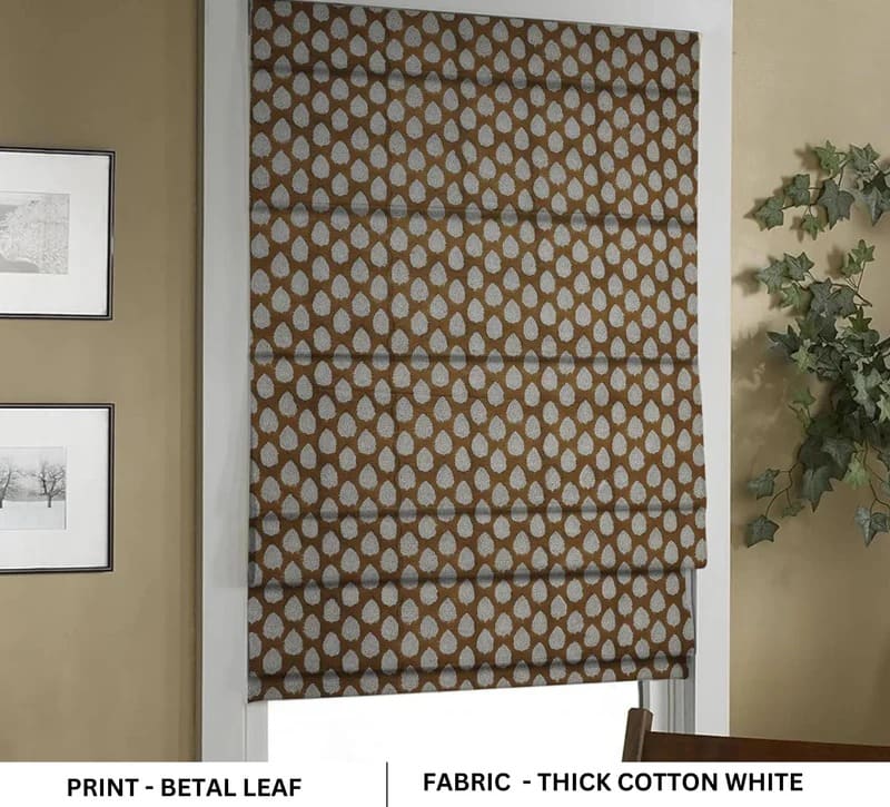 Handblock Boho Floral Brown Roman Shades on Thick Cotton Window Treatment for Living Room - Betel Leaf