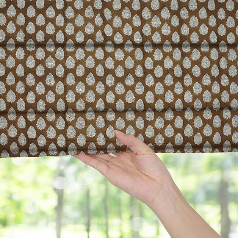 Handblock Boho Floral Brown Roman Shades on Thick Cotton Window Treatment for Living Room - Betel Leaf
