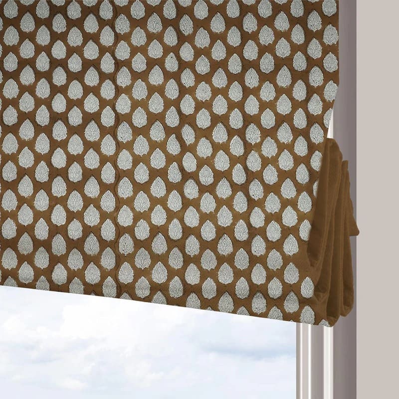 Handblock Boho Floral Brown Roman Shades on Thick Cotton Window Treatment for Living Room - Betel Leaf