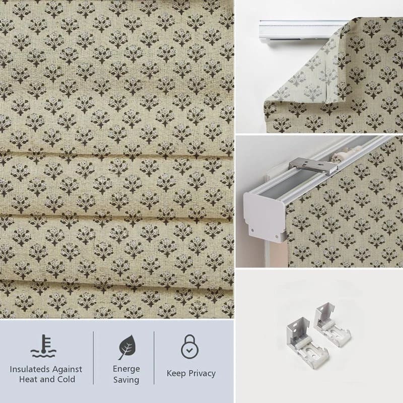 Indian Block Printed Boho Floral Roman Shade in Brown &amp; Gray Pure Linen Window Covering - Diwali Flower