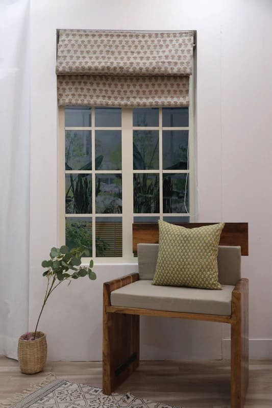 Block printed Roman shade traditional living room window covering