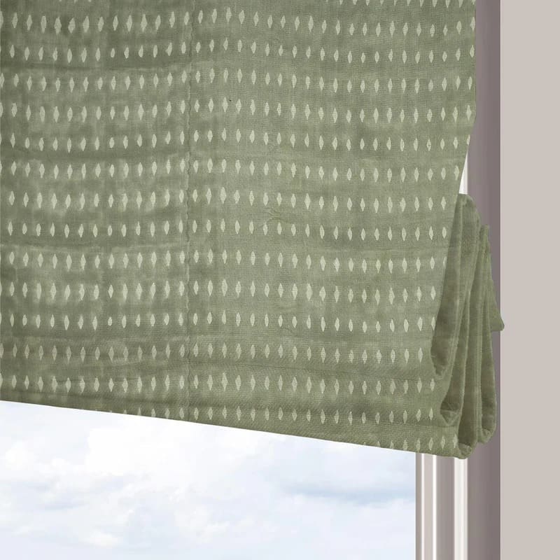 Block printed Roman shade enhancing modern living room decor window