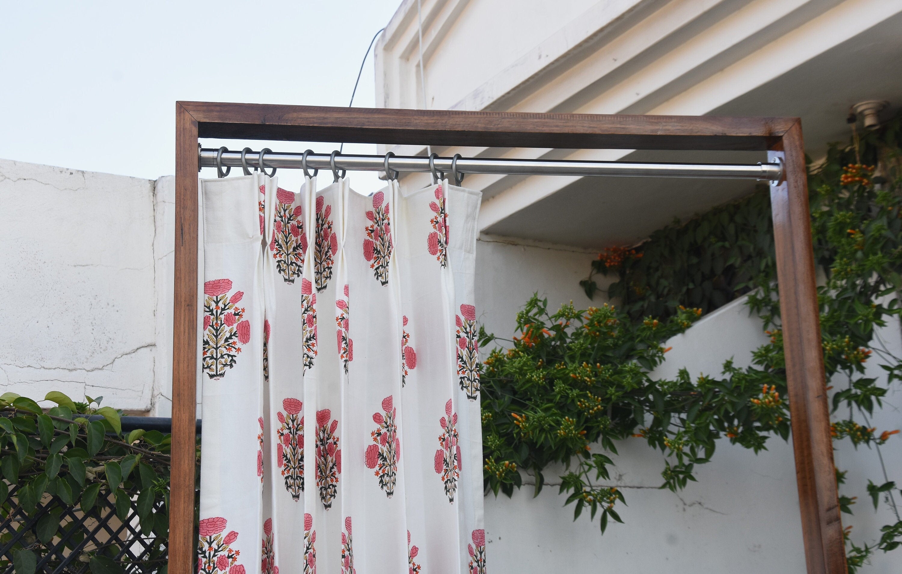 Hand-Blocked Linen Curtains White Cotton Blackout Panels Indian Home Decor - SWADESH