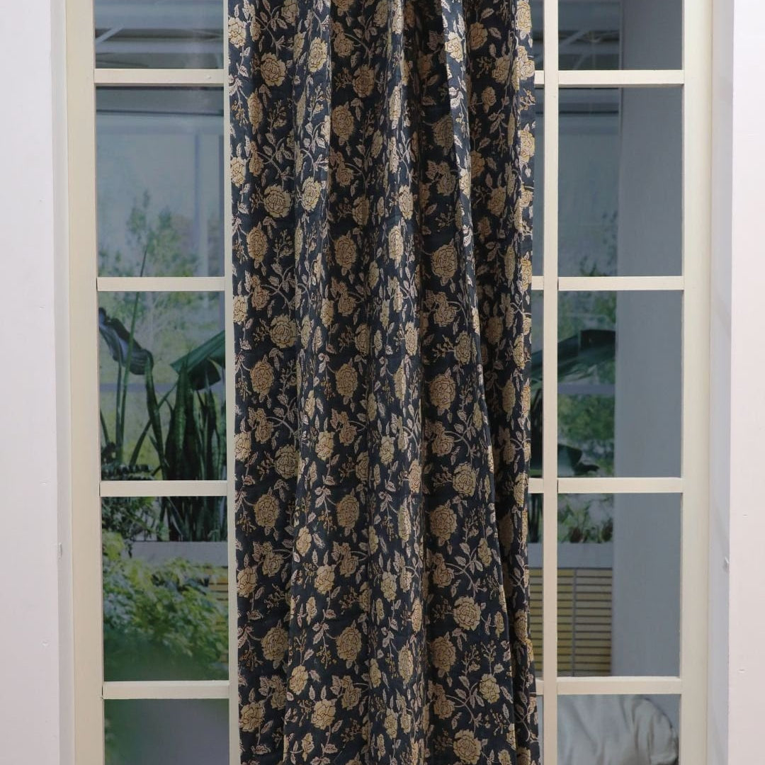 Linen Block print curtain, room décor, floral handmade farmhouse curtain, Indian fabric for curtains - RAMESHWARAM
