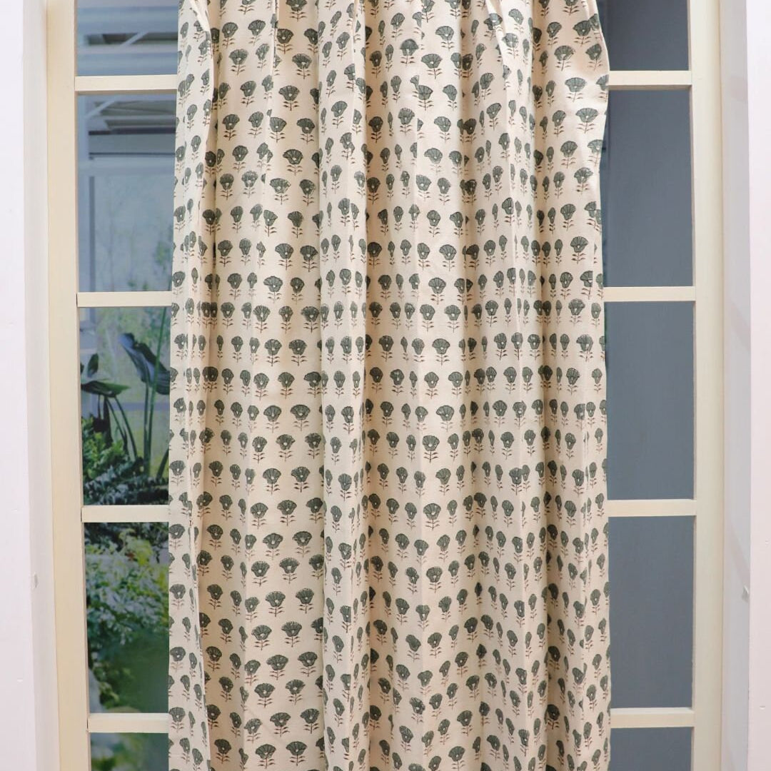 Hand-Blocked Linen Curtains White Cotton Panels, window panel, double plated  Curtain Home Décor - KOHINOOR