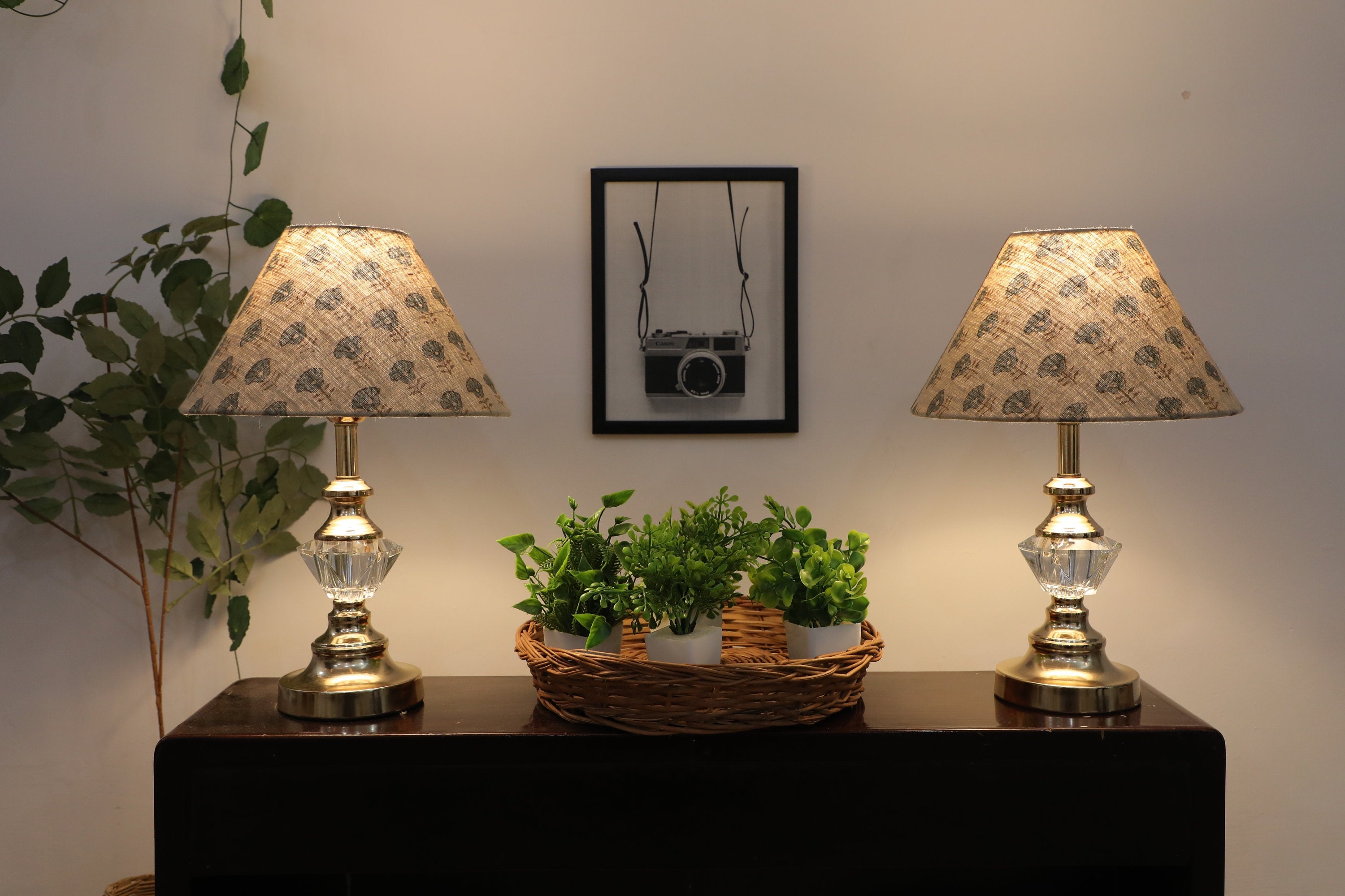 Set of 2 Floral Print Linen Lampshades - Kohinoor Block Print Natural Bell  Cone Shades