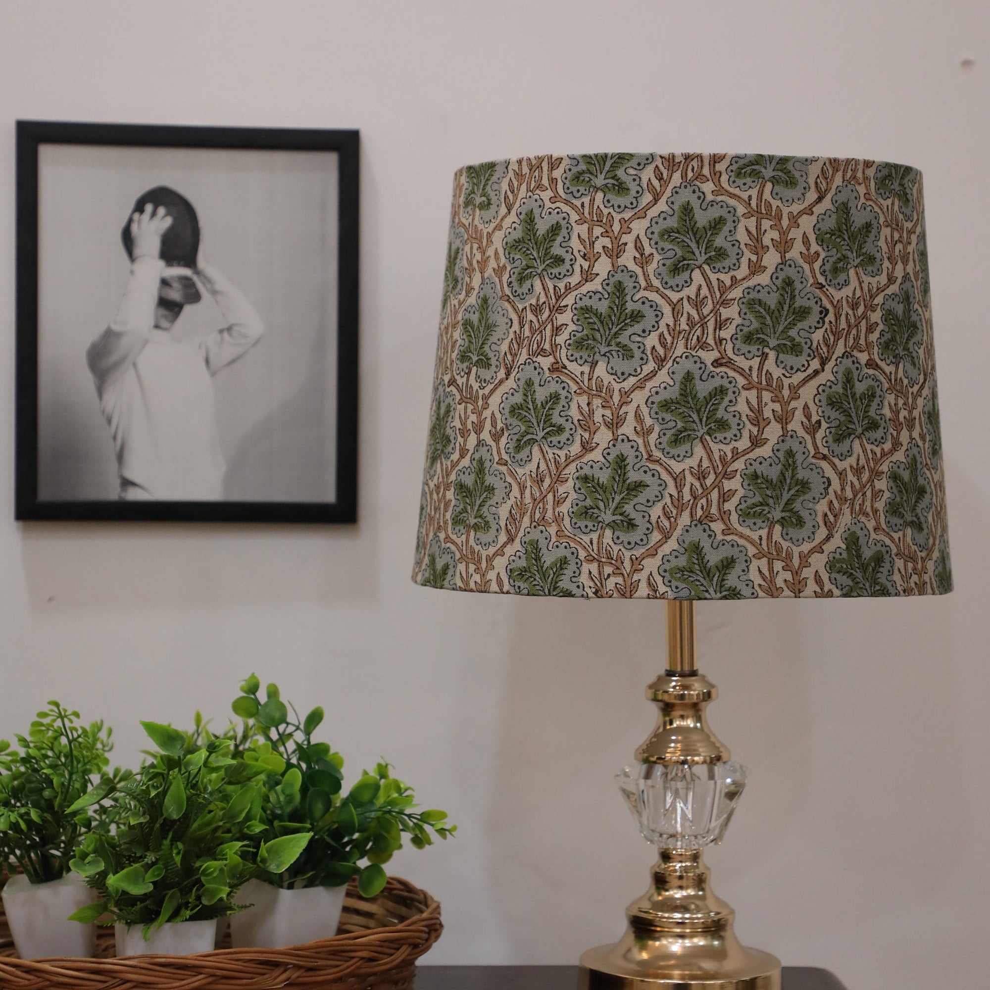 Natural Linen Lamp shades, block printed fabric, set of 2, drum lamp shades, floral print drum lampshade - Pushp Samitha