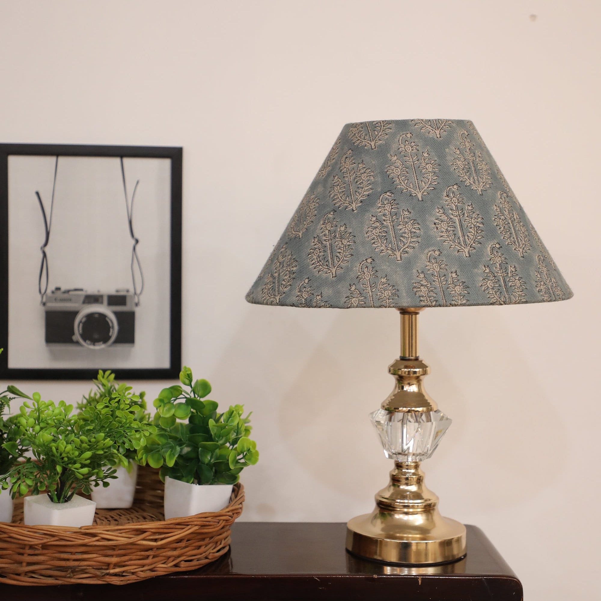 Block printed fabric, set of 2, Natural Linen Lamp shades, bell lamp shades, floral print cone lampshade - Neel Gagan