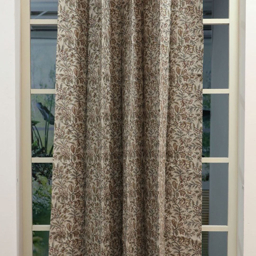 Block Print Linen Curtain, Living décor, Window valance and Shades, Beige Fabric Curtains, Floral print - QUDRAT