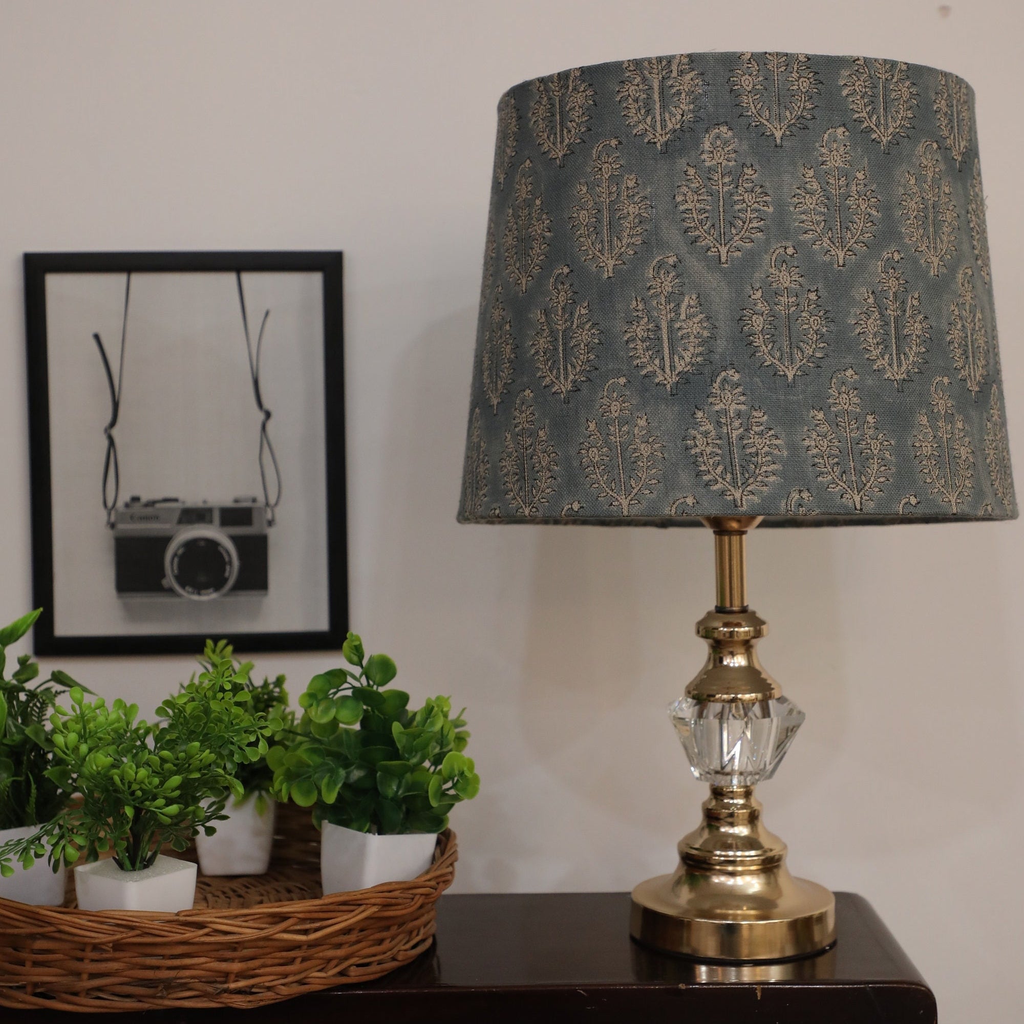 Block print drum lampshades, Pair of 2 linen fabric lamp shades, Drum bedroom lampshade,  lamp for table - Neel Gagan