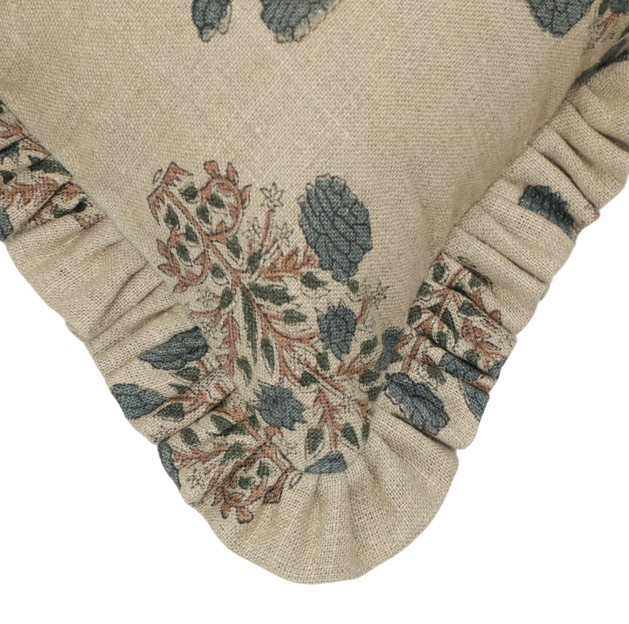 Block Print Floral Design Farmhouse Thick Linen Frill Cushion Cases - Swadesh