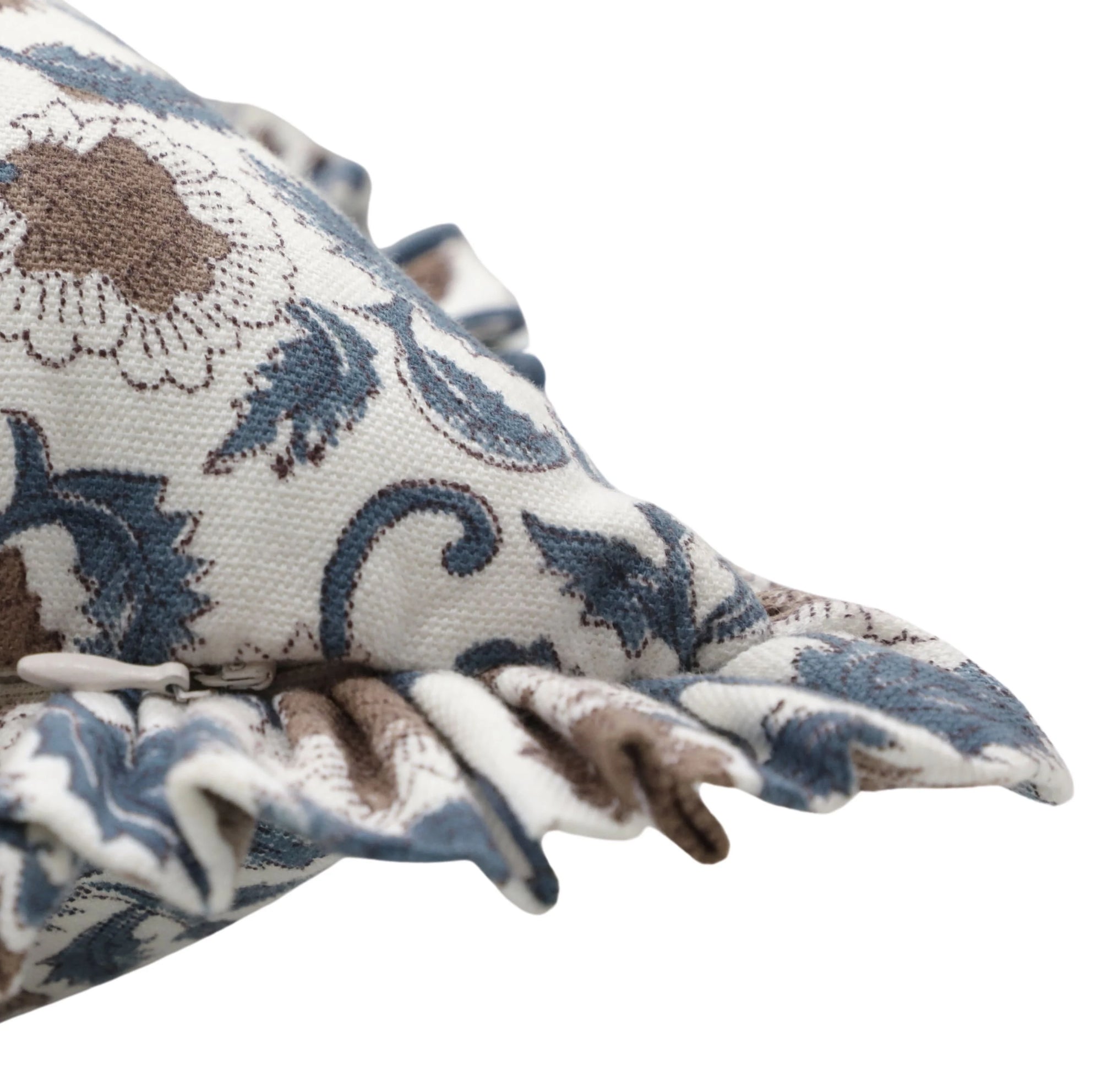 Elegant Floral Design Block Printed Thick Cotton White Frill Pillow Cover - Mandakini