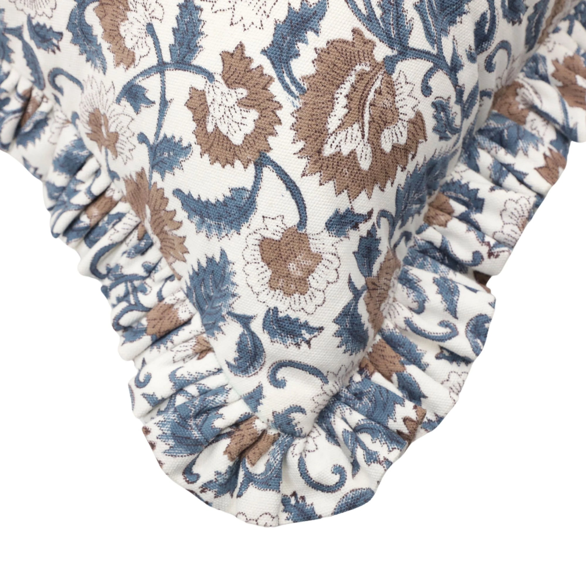 Elegant Floral Design Block Printed Thick Cotton White Frill Pillow Cover - Mandakini