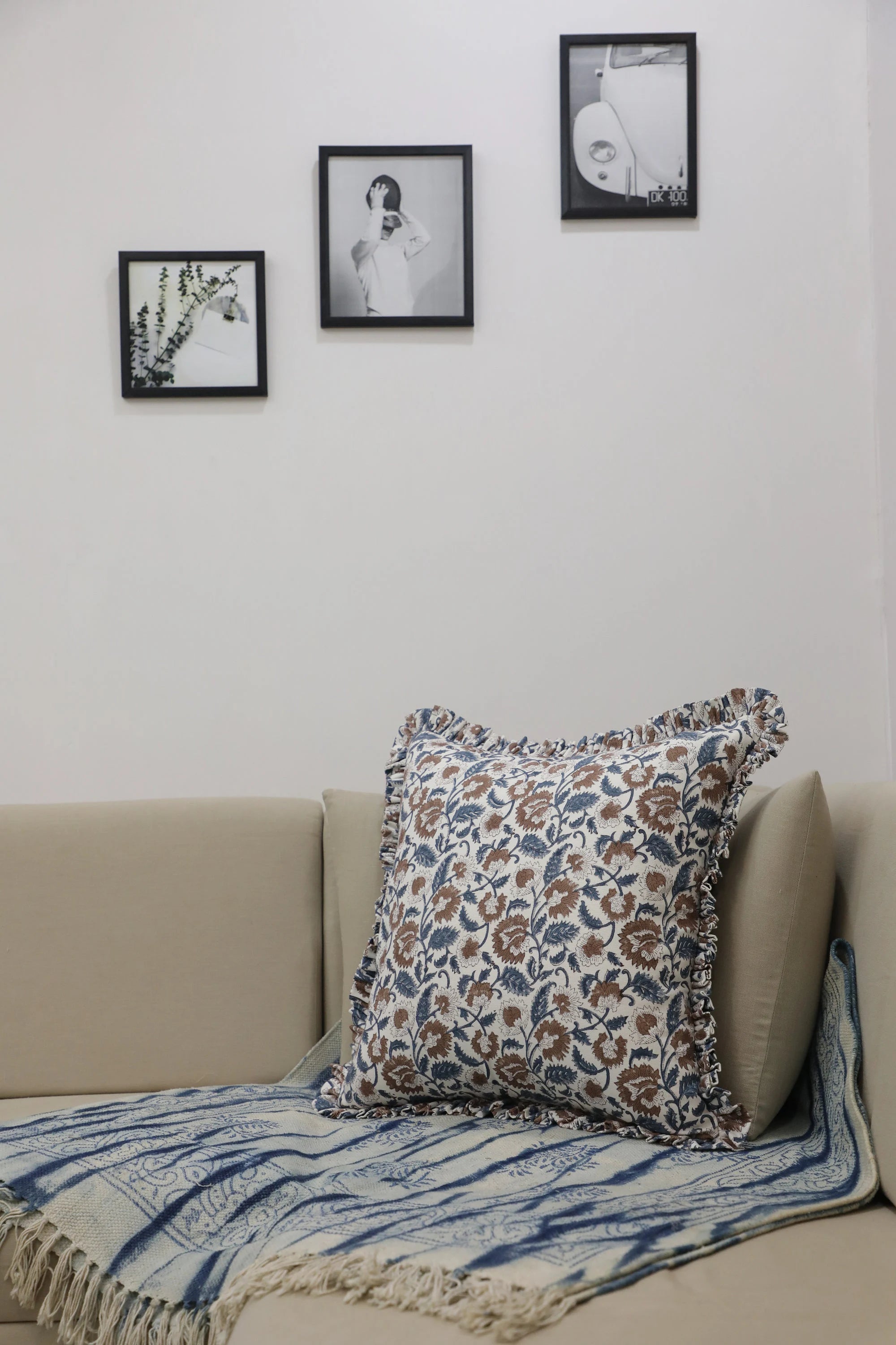 Elegant Floral Design Block Printed Thick Cotton White Frill Pillow Cover - Mandakini