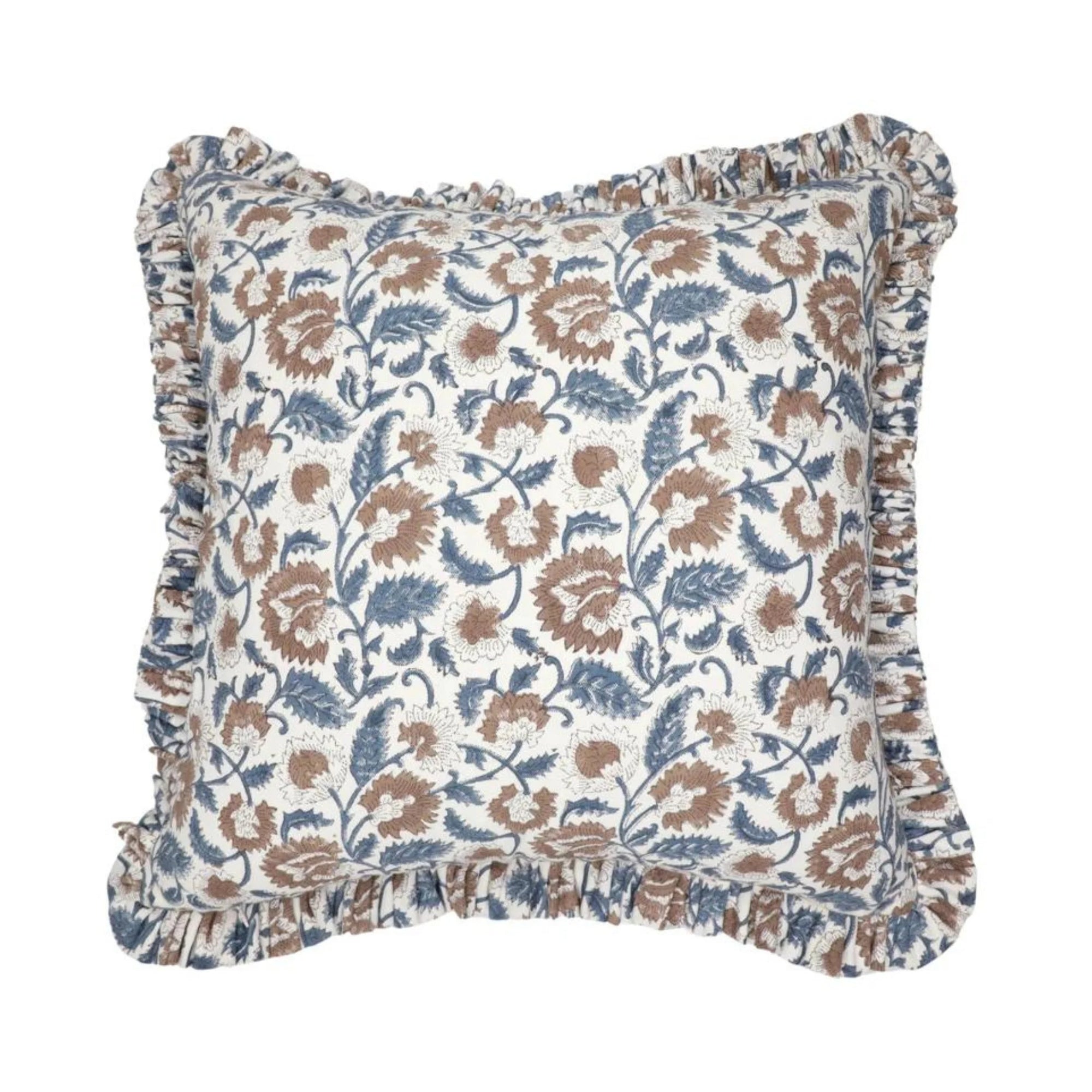Elegant Floral Design Block Printed Thick Cotton White Frill Pillow Cover - Mandakini