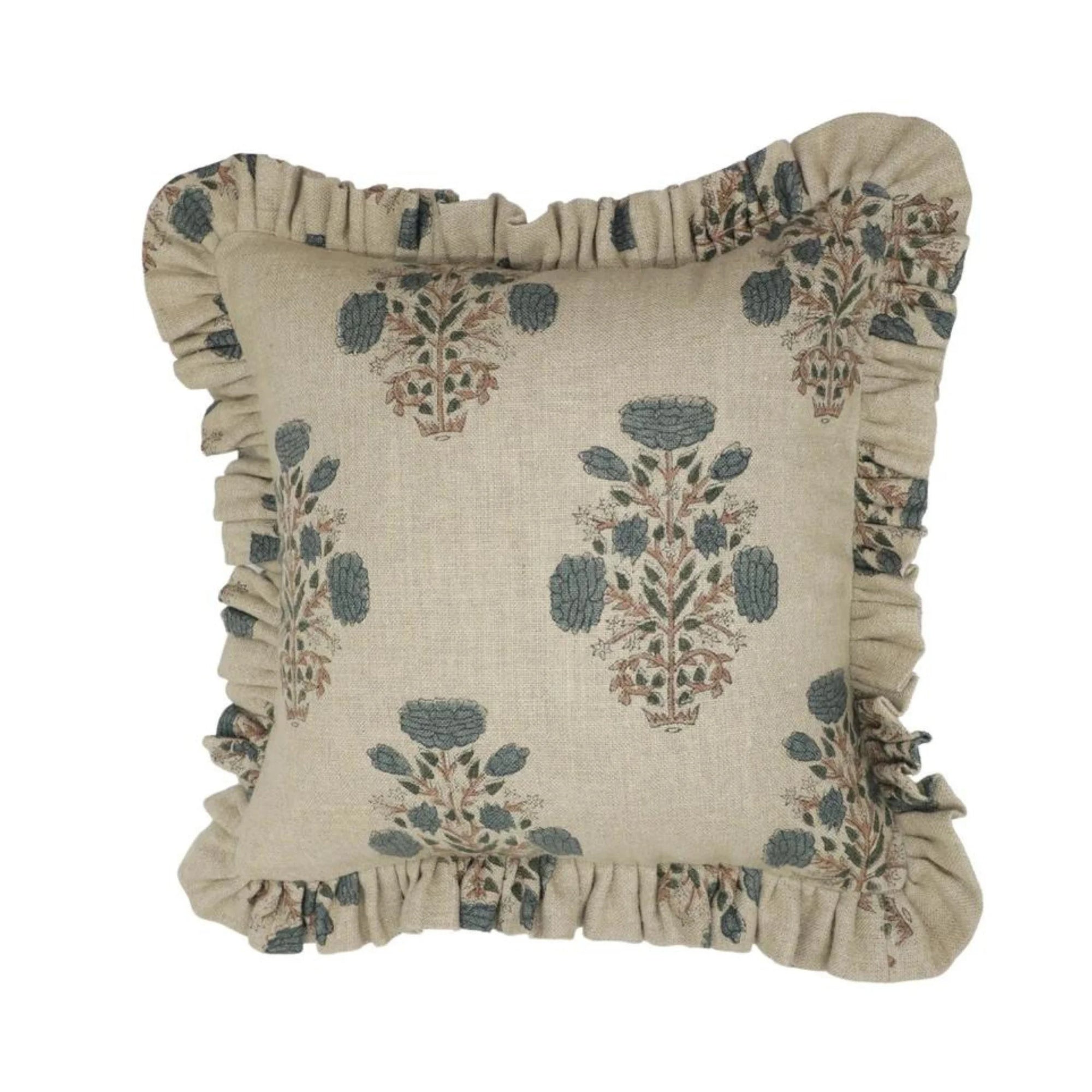 Block Print Floral Design Farmhouse Thick Linen Frill Cushion Cases - Swadesh