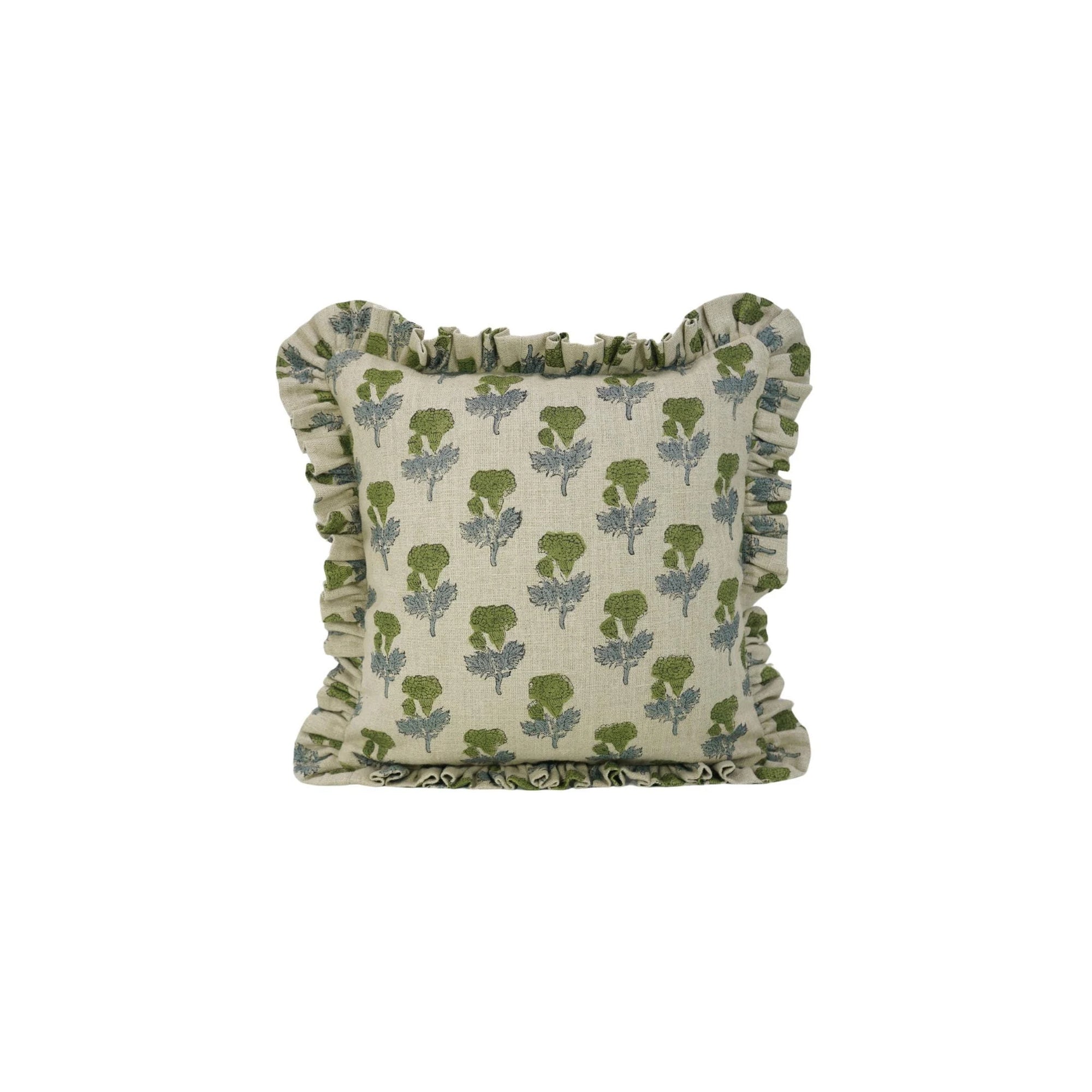Block Printed Floral Thick Linen Frill Pillow Cover - Manmohan