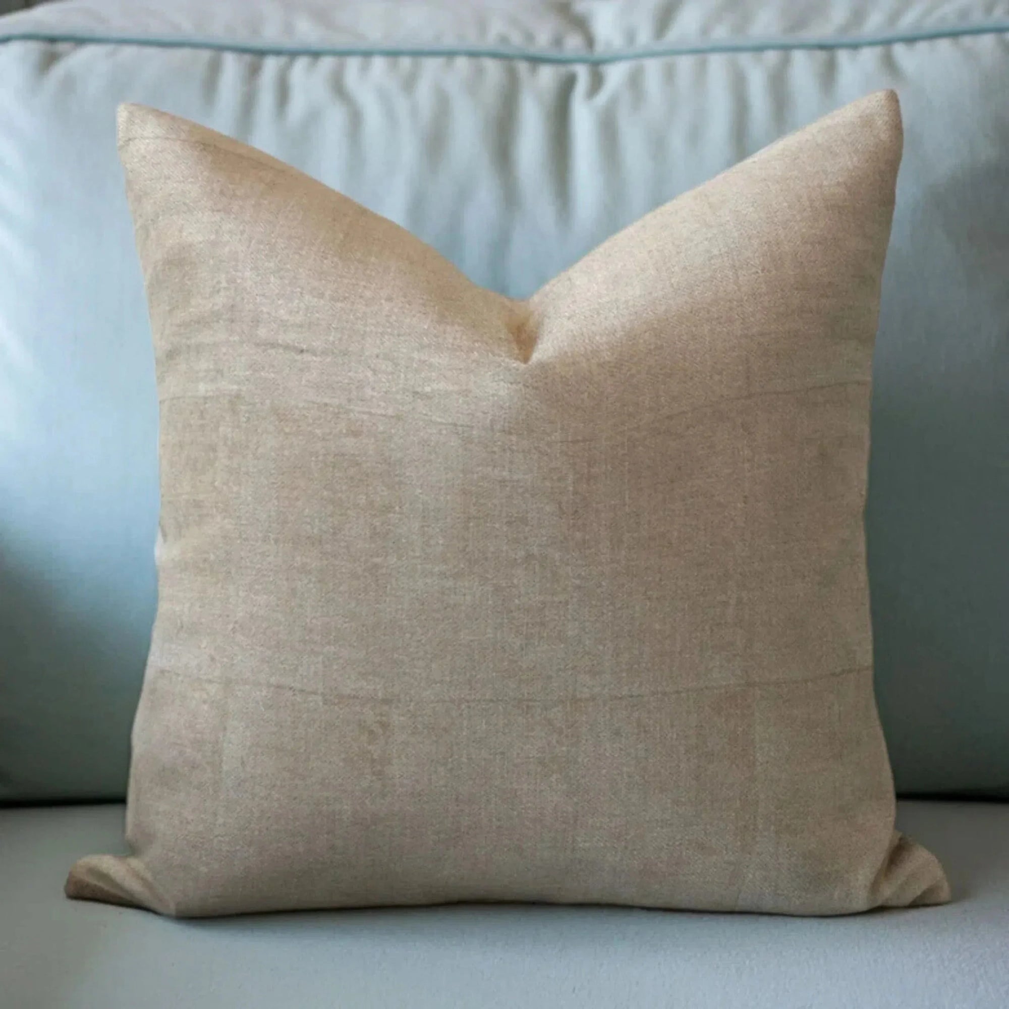 Beige pillow on a light blue sofa